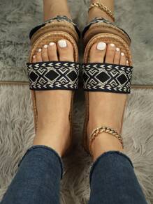 度假臥室拖鞋適用於女士幾何樣式編織細節單帶家居拖鞋 - 彩色 - 查看 2