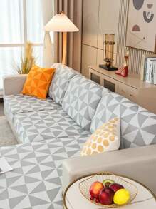 1pc Geometric Pattern Stretchy Sofa Seat Cushion Slipcover, Light Grey Polyester Sofa Seat Dust Cover, For Summer - Light Grey - View 3