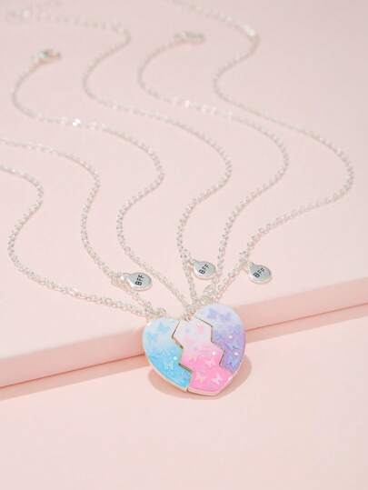 3pcs Girls Butterfly Pattern Heart Pendant Necklace For Daily Life