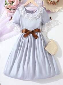 Garotas Renda De Contraste Manga De Encampanada Vestido