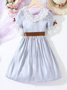 Garotas Renda De Contraste Manga De Encampanada Vestido