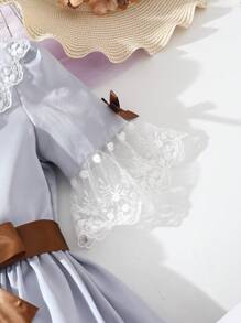 Garotas Renda De Contraste Manga De Encampanada Vestido