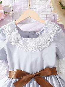 Garotas Renda De Contraste Manga De Encampanada Vestido
