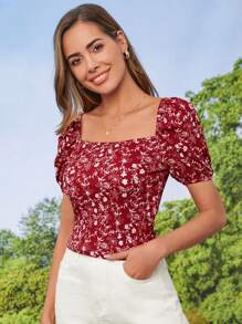 EURMUSE Floral Print Puff Sleeve Blouse - Red - View 3
