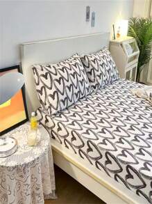 1 pieza Sábana bajera con estampado de corazón - Blanco y Negro - Ver 4