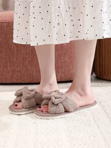 Wanita Busur Dekorasi Fuzzy Kamar Tidur Sandal Fashion Rumah Dalam Ruangan Sandal - Coklat - View 4