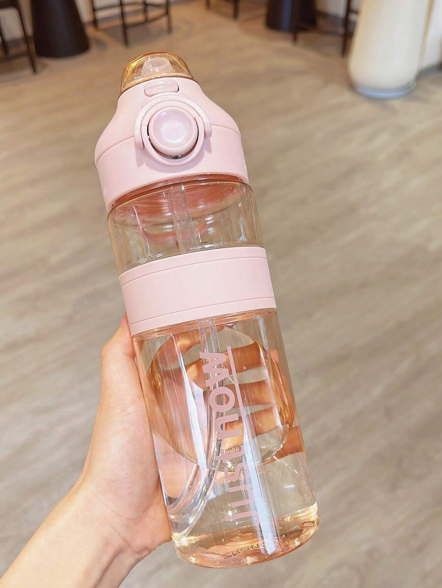 1pc Transparent Pink Letter Graphic Water Bottle With Straw, Plastic Heat Resistant Sports Bottle For Household - Pink - View 1