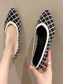 女性格紋圖案尖頭芭蕾舞鞋,時尚戶外平底鞋 - 黑色 - 查看 4