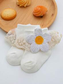 1pair Baby Girls Lace Trim & Flower Decor Hollow Out Socks - White - View 4
