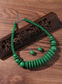 3pcs Exaggerated Retro Wood Necklace & Earrings Set - Dark Green - View 1
