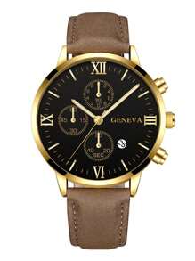 Nam Cá Sấu Nâu Nổi PU Polyurethane Dây Thường Ngày Mặt Tròn Đồng Hồ Thạch Anh, cho Cuộc Sống Hàng Ngày - màu nâu - Xem 1