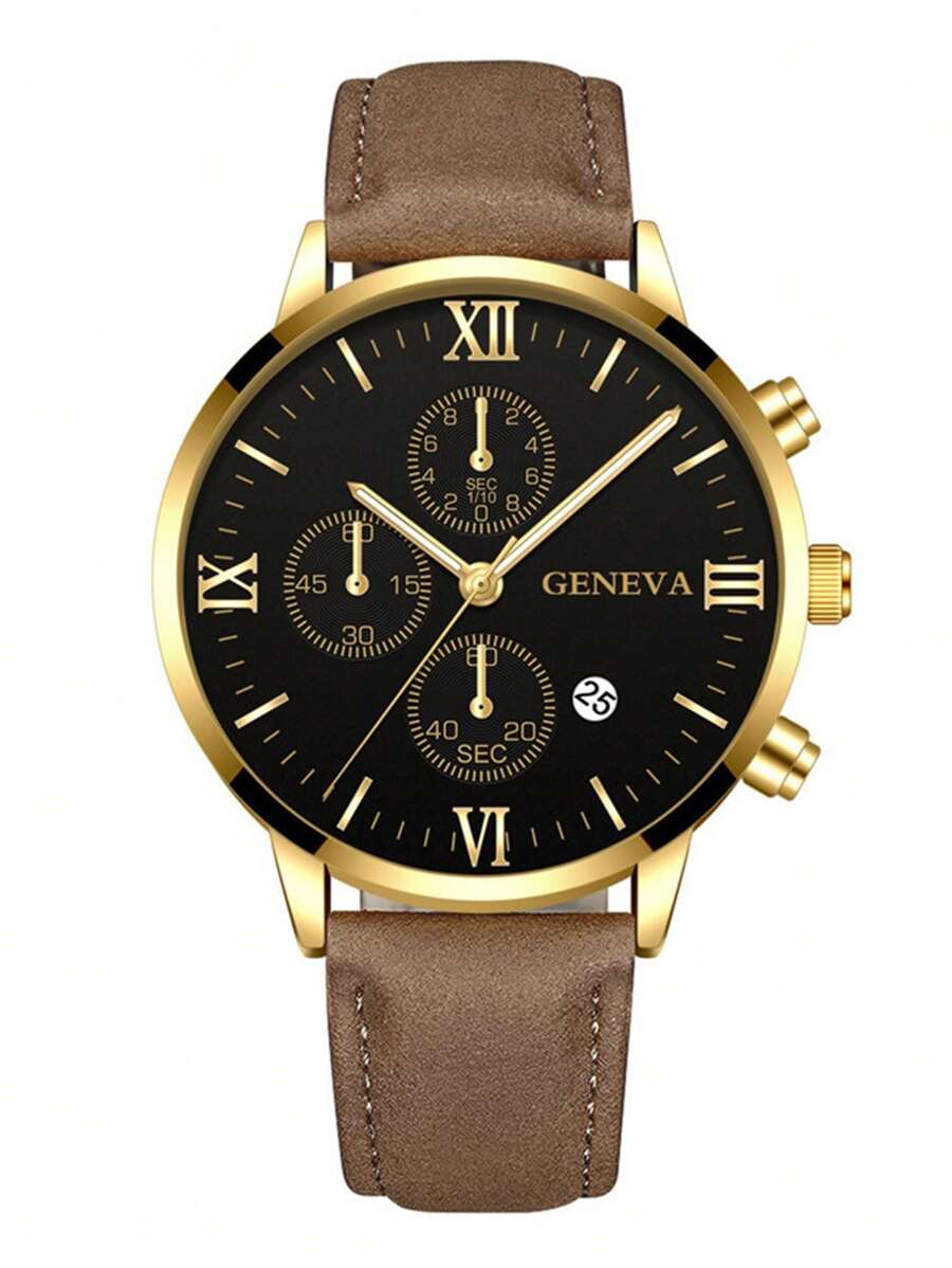 Nam Cá Sấu Nâu Nổi PU Polyurethane Dây Thường Ngày Mặt Tròn Đồng Hồ Thạch Anh, cho Cuộc Sống Hàng Ngày - màu nâu - Xem 1