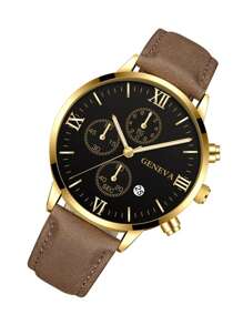 Nam Cá Sấu Nâu Nổi PU Polyurethane Dây Thường Ngày Mặt Tròn Đồng Hồ Thạch Anh, cho Cuộc Sống Hàng Ngày - màu nâu - Xem 2