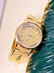 1pc Men Gold Copper Strap Glamorous Date Water Resistant Rhinestone Decor Round Dial Quartz Watch, For Daily Life - Gold - View 2