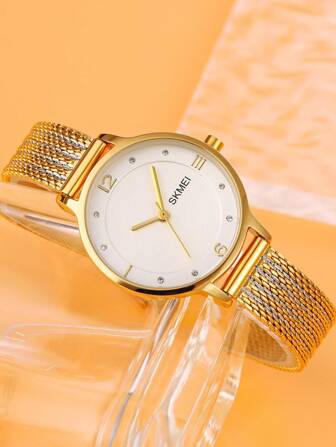  SKMEI 1pc Women Two Tone Stainless Steel Strap Glamorous Water Resistant Rhinestone Decor Round Dial Quartz Watch, For Daily Life Holiday