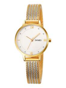 SKMEI 1Pc Wanita Two Tone Stainless Steel Strap Glamor Tahan Air Dekorasi Berlian Imitasi Putaran Dial Kuarsa Watch, untuk Kehidupan Sehari-hari - Emas - View 2