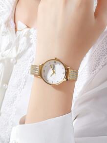 SKMEI 1Pc Wanita Two Tone Stainless Steel Strap Glamor Tahan Air Dekorasi Berlian Imitasi Putaran Dial Kuarsa Watch, untuk Kehidupan Sehari-hari - Emas - View 4