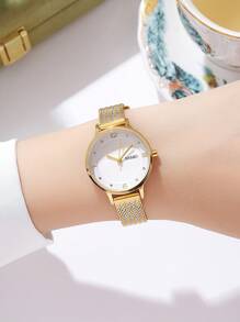 SKMEI 1Pc Wanita Two Tone Stainless Steel Strap Glamor Tahan Air Dekorasi Berlian Imitasi Putaran Dial Kuarsa Watch, untuk Kehidupan Sehari-hari - Emas - View 5