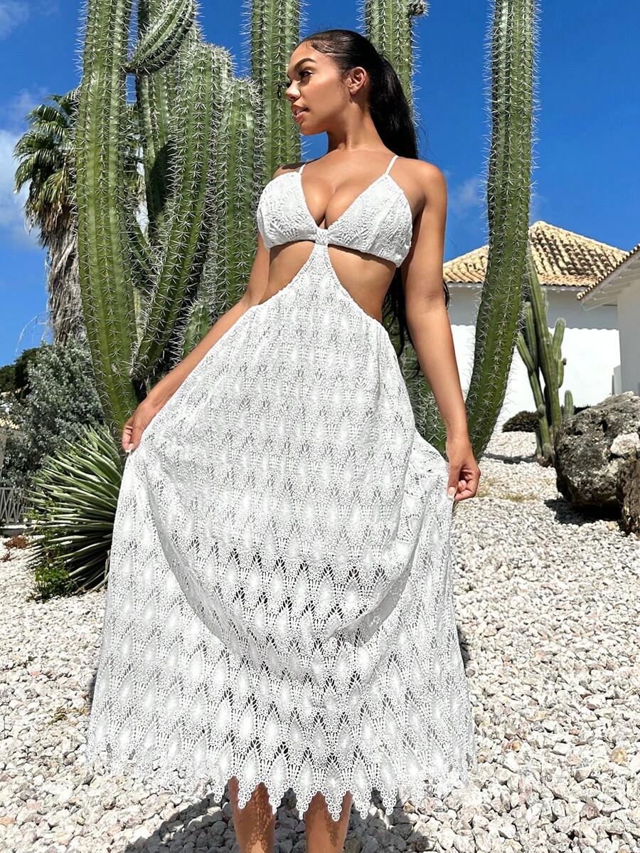 SHEIN SXY Đầm Lộ Lưng Cắt ra màu trơn Gợi cảm - trắng - Xem 1