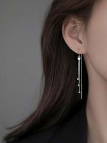1pair Romantic Style Five-Pointed Star & Tassel Long Threader Earrings For Women's Dating Accessories