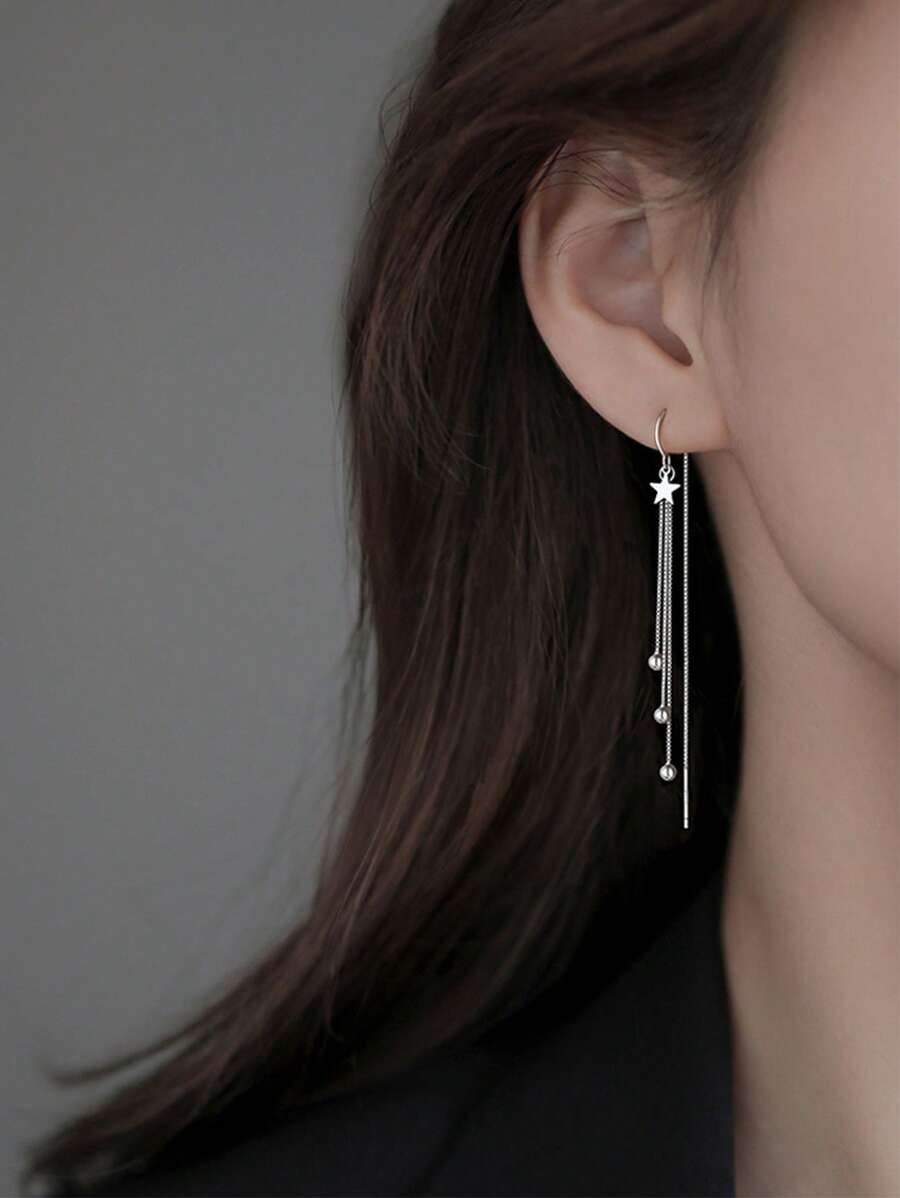 1pair Romantic Style Five-Pointed Star & Tassel Long Threader Earrings For Women's Dating Accessories