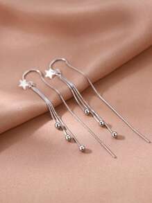 1pair Romantic Style Five-Pointed Star & Tassel Long Threader Earrings For Women's Dating Accessories