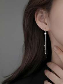 1pair Romantic Style Five-Pointed Star & Tassel Long Threader Earrings For Women's Dating Accessories