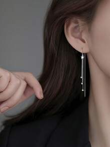 1pair Romantic Style Five-Pointed Star & Tassel Long Threader Earrings For Women's Dating Accessories