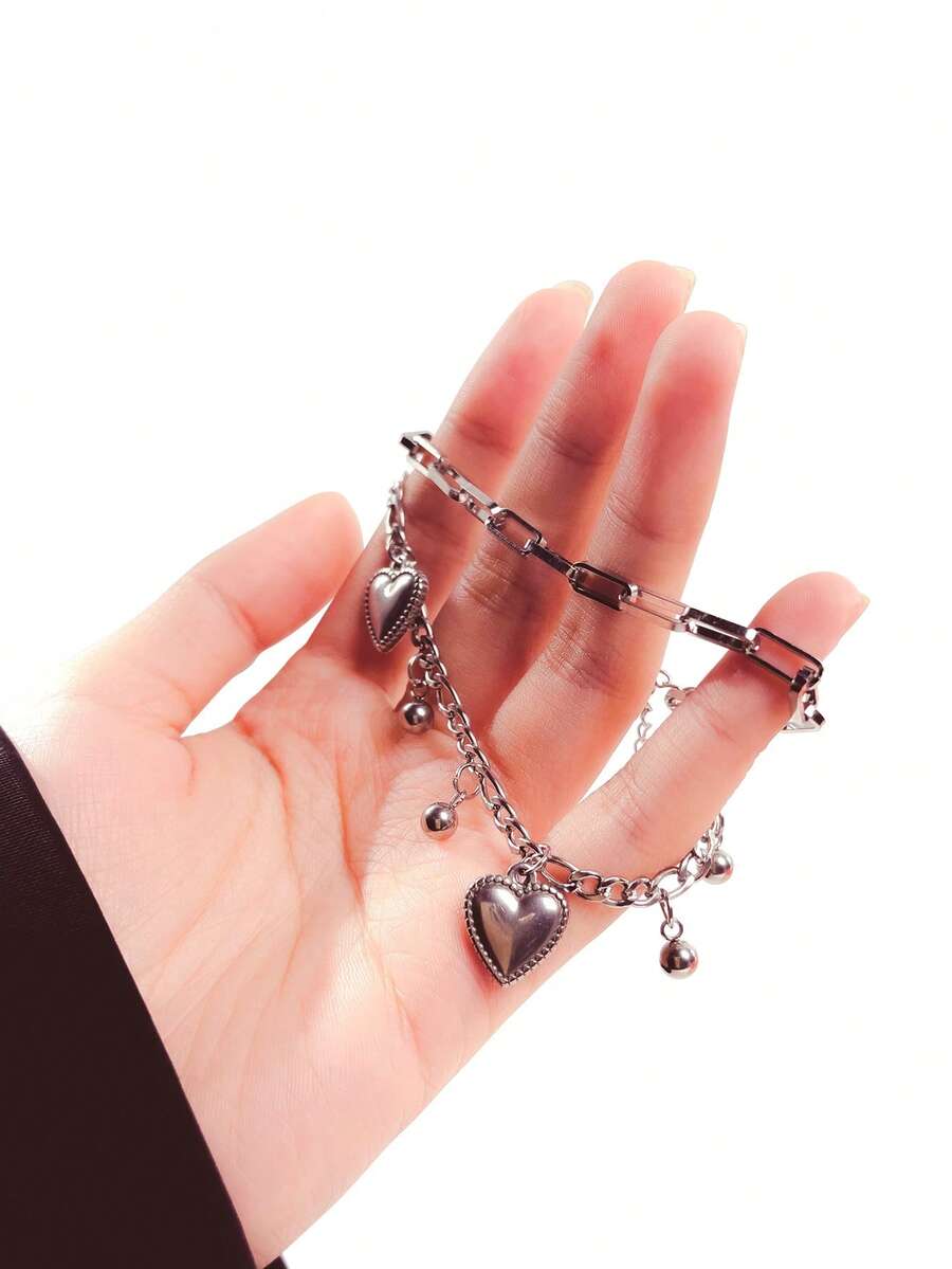 Vòng Tay Chuỗi Charm Trái Tim - Bạc - Xem 1