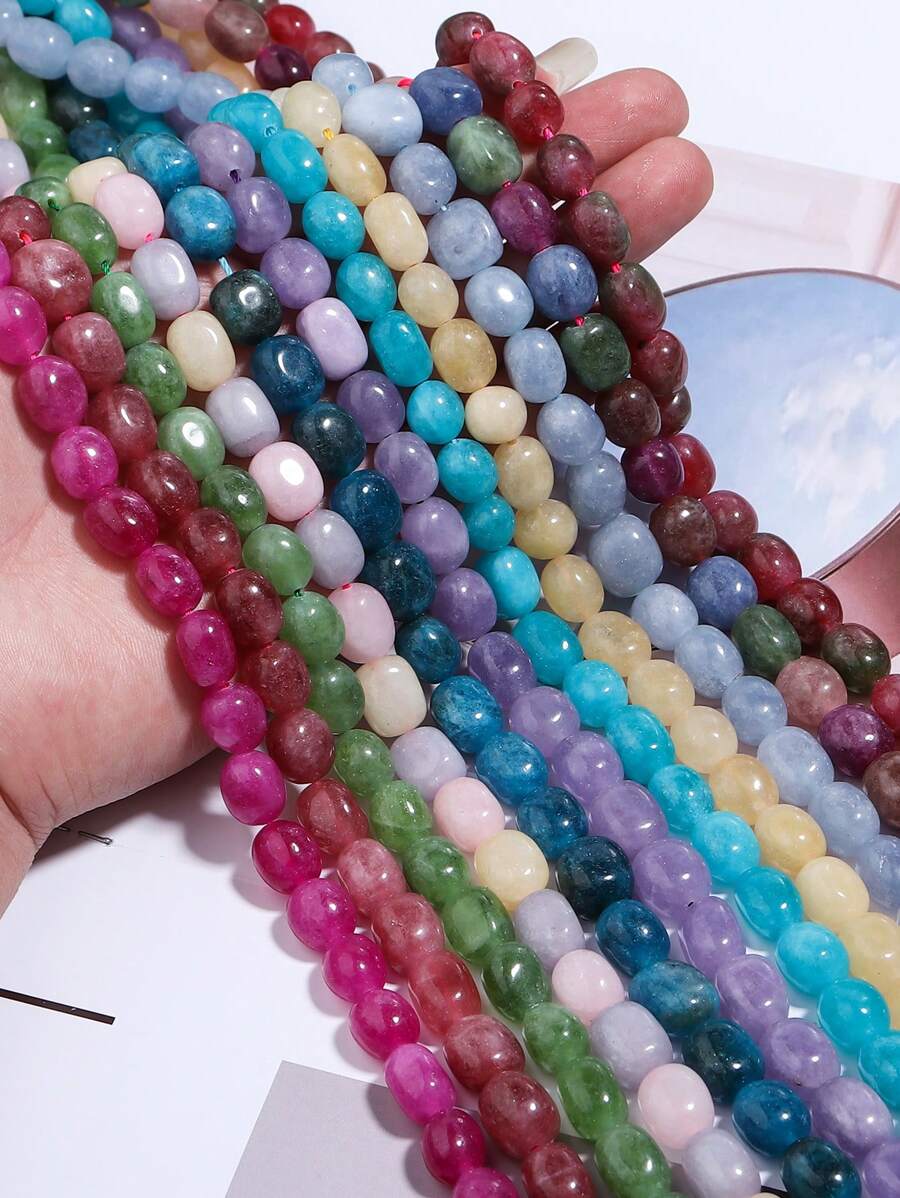 1 串不对称椭圆形天然石珠，适合 DIY 手链、项链制作 - 彩色 - 查看 1