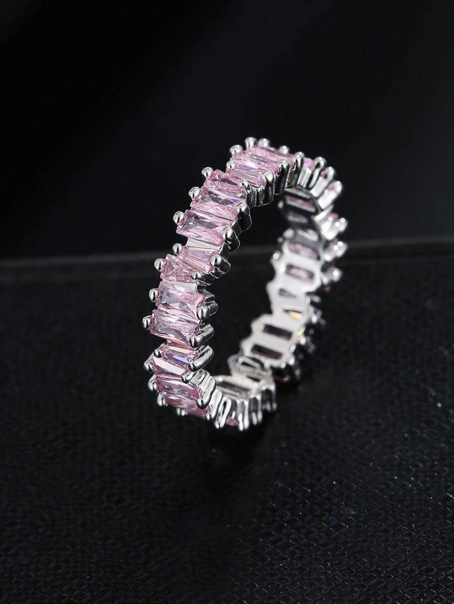 Cổ Điển Baguette Cubic Zirconia Nhẫn Đính Hôn Nữ Cao Cấp Vàng 18K Màu Mạ Tiệc Cưới Trang Sức - Hồng - Xem 1