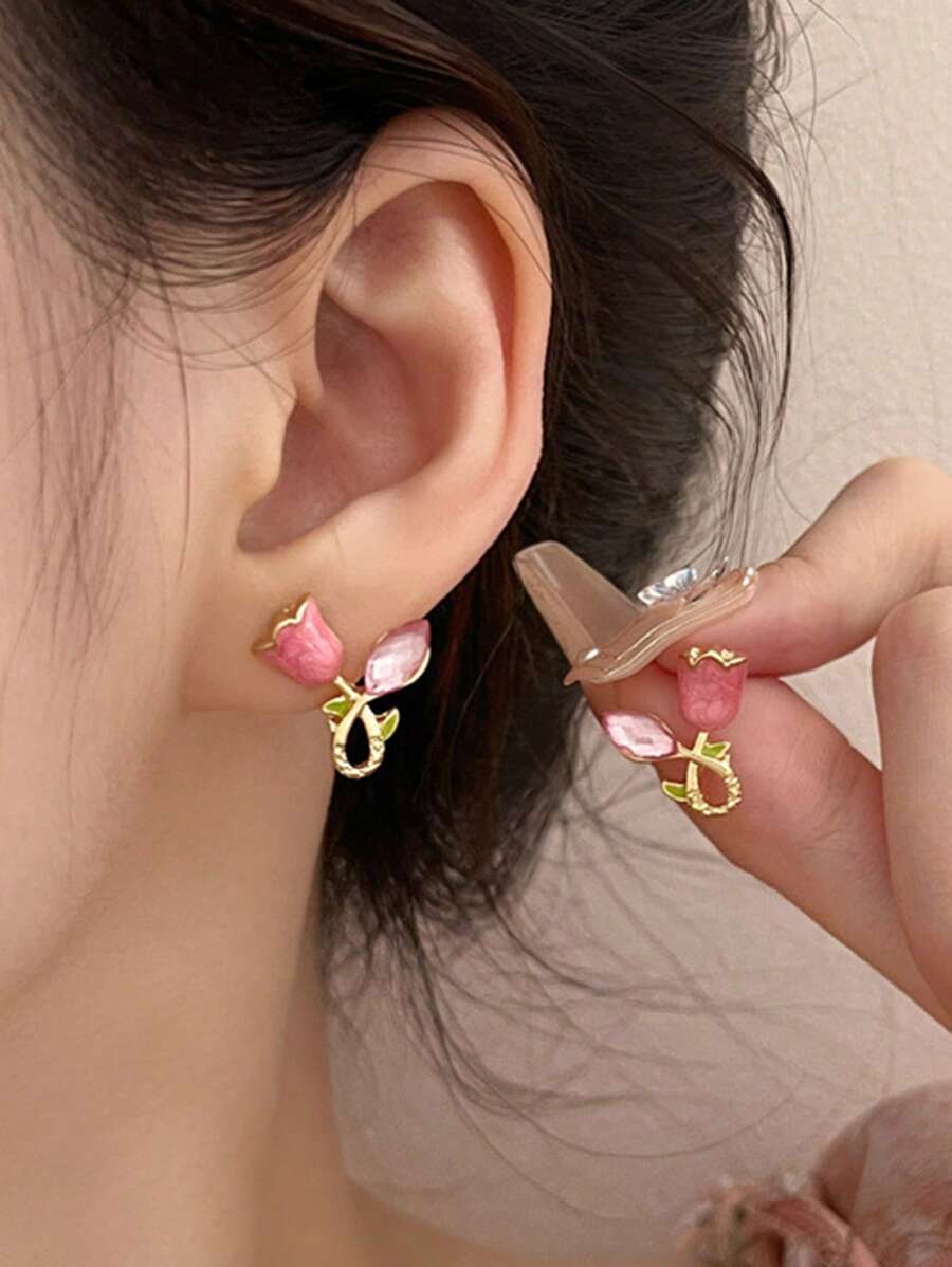 1 đôi bông tai hoa hồng hình hoa tulip tráng men với sự quyến rũ cổ tích tinh tế - Nhiều màu - Xem 1