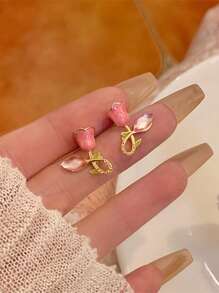 1 đôi bông tai hoa hồng hình hoa tulip tráng men với sự quyến rũ cổ tích tinh tế - Nhiều màu - Xem 2