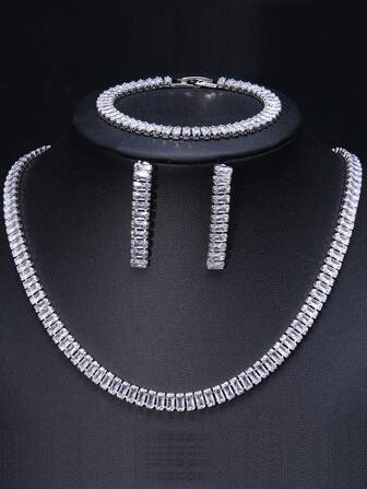 3 piezas/set de collar, pulsera y pendientes de forma cuadrada con incrustaciones de circonita cúbica, adecuado para bodas y eventos de fiesta de mujer
