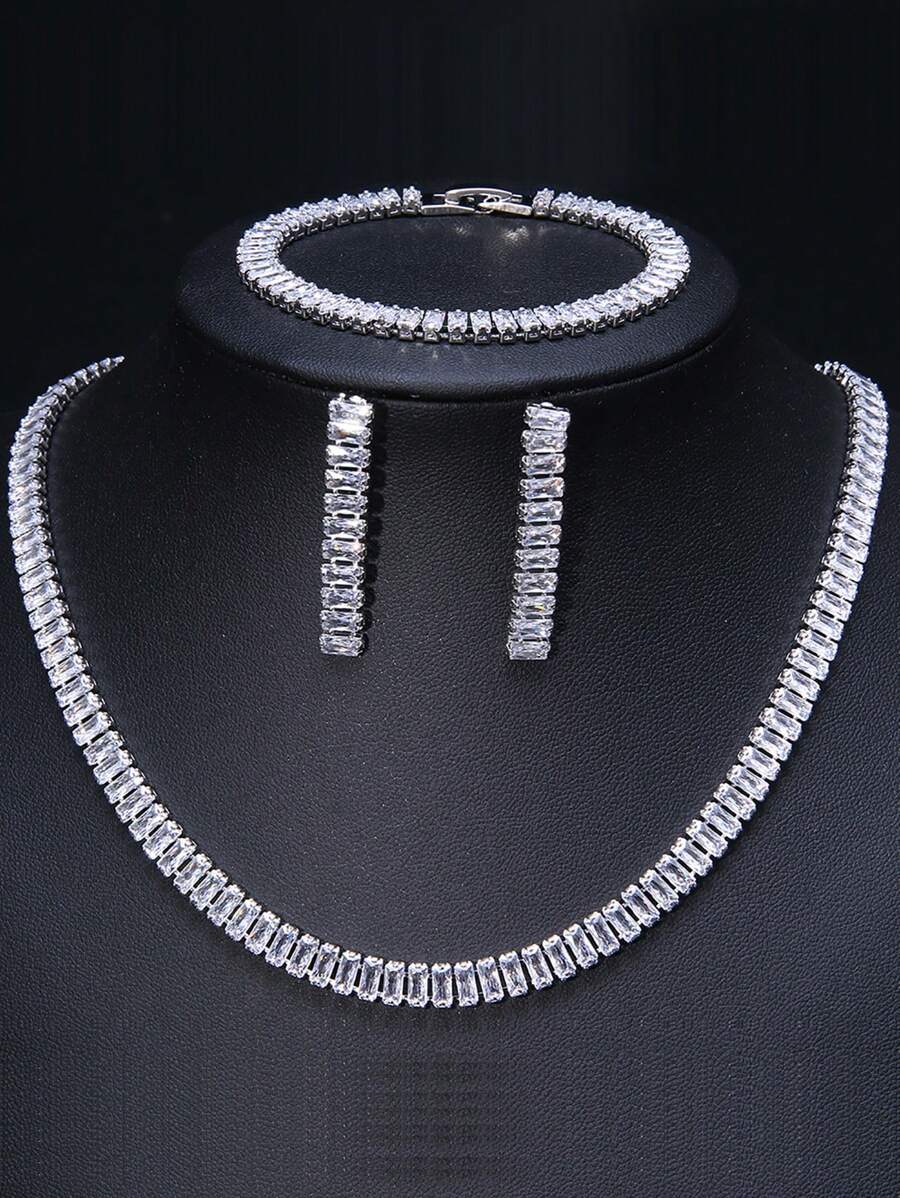 3pcs/Set Cubic Zirconia Inlaid Square Shaped Necklace, Bracelet And Earrings, Suitable For Women's Wedding And Party Events - White - View 1