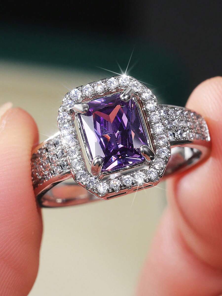 1枚迷人的紫色立方氧化鋯女戒,適用於婚禮派對珠寶情人節禮物 - 紫色 - 查看 1