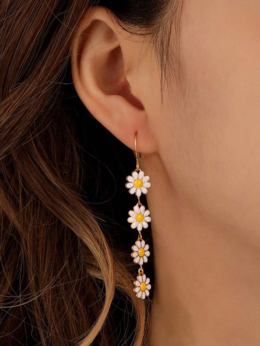 2入組簡約可愛合金菊花形垂墜耳環,隨機3種顏色和油滴細節,適用於女性日常佩戴 - 彩色 - 查看 1