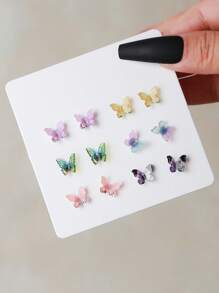 6對/套時尚蝴蝶設計耳釘適合女士日常裝飾 - 彩色 - 查看 2