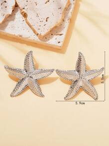 2pcs Starfish & Star Design Fashionable Stud Earrings For Women - Silver - View 3