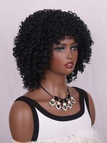 圓蓬式髮型短卷人造假髮帶劉海 - 黑色 - 查看 4