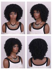 圓蓬式髮型短卷人造假髮帶劉海 - 黑色 - 查看 5