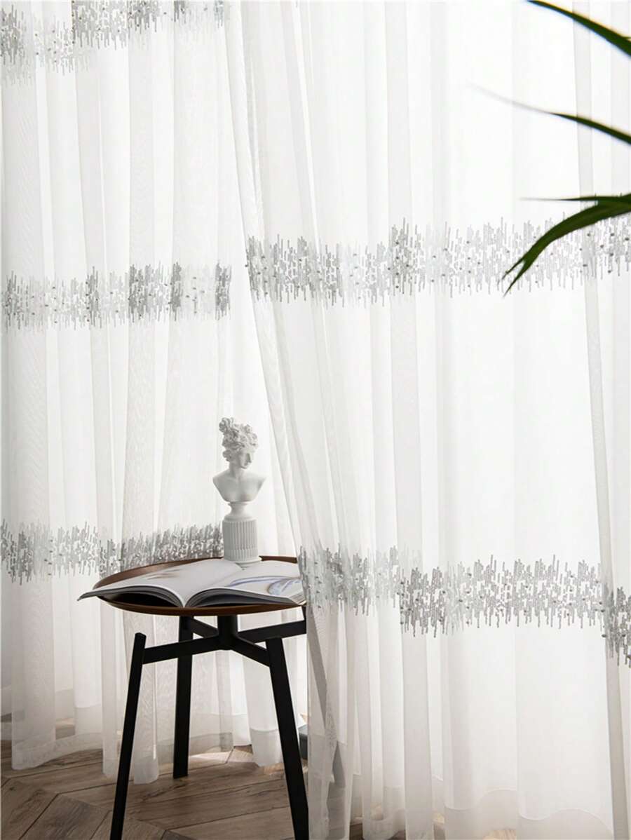 τμχ Παγιέτα λεπτομέρεια Faux Pearl Decor Διαφανής κουρτίνα πάνελ, μοντέρνα πολυεστερικό ελαφρύ φιλτράρισμα Privacy Διαφανής κουρτίνα για σαλόνι και υπνοδωμάτιο - trắng - Xem 1