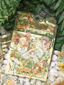 SIMNO 40入組花卉和人物設計什錦貼紙可愛多用途貼紙適用於DIY工藝品、裝飾品、手帳 - 綠色 - 查看 1