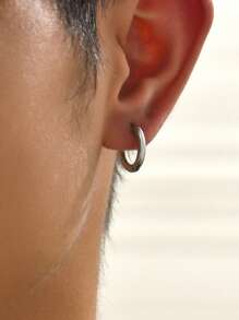 1對時尚不銹鋼極簡圓耳環適合男士日常裝飾 - 銀色 - 查看 1