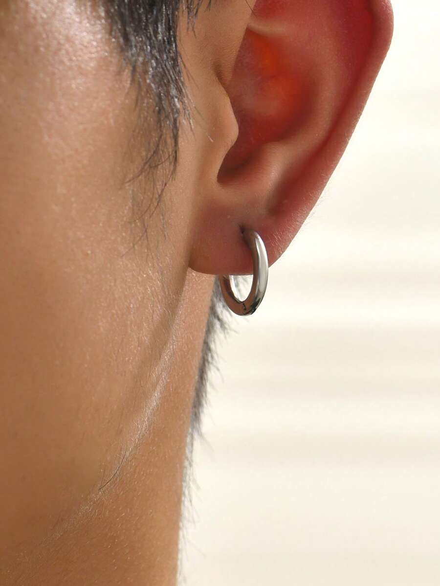 1對時尚不銹鋼極簡圓耳環適合男士日常裝飾 - 銀色 - 查看 1