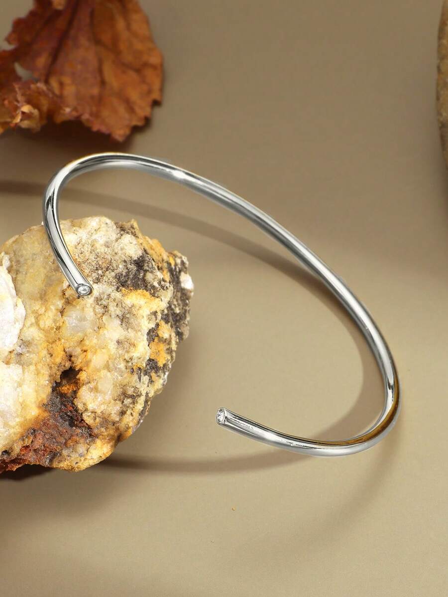 Charm-In 1入組金色鍍氧化鋯鑲嵌打開結尾手鐲手環適合女士 - 銀色 - 查看 1