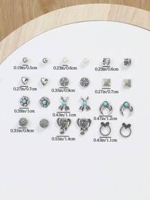 TopHanqi 12對/套復古風格極簡耳釘套裝適合女士 - 復古銀色 - 查看 5