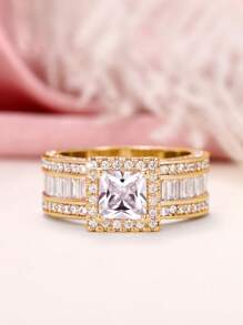 1枚优雅立方氧化锆装饰戒指，适合女士日常佩戴 - 金黃色 - 查看 3