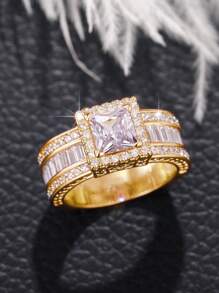 1枚优雅立方氧化锆装饰戒指，适合女士日常佩戴 - 金黃色 - 查看 4