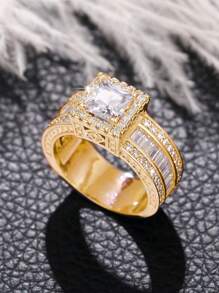 1枚优雅立方氧化锆装饰戒指，适合女士日常佩戴 - 金黃色 - 查看 9